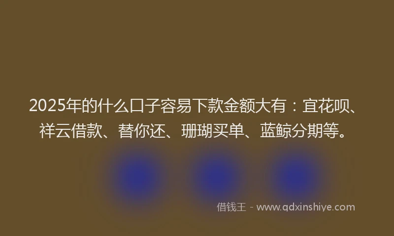 2025年的什么口子容易下款金额大有：宜花呗、祥云借款、替你还、珊瑚买单、蓝鲸分期等。