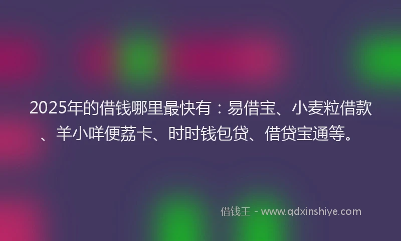 2025年的借钱哪里最快有：易借宝、小麦粒借款、羊小咩便荔卡、时时钱包贷、借贷宝通等。