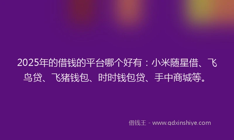 2025年的借钱的平台哪个好有：小米随星借、飞鸟贷、飞猪钱包、时时钱包贷、手中商城等。