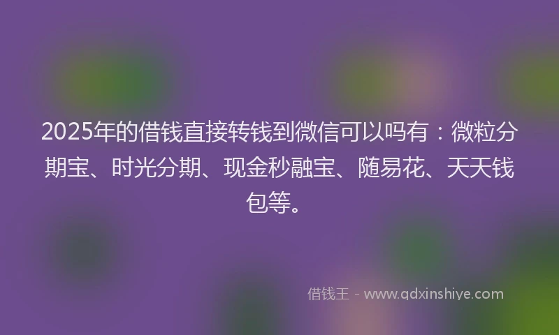 2025年的借钱直接转钱到微信可以吗有：微粒分期宝、时光分期、现金秒融宝、随易花、天天钱包等。