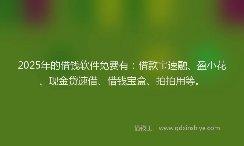 2025年的借钱软件免费有：借款宝速融、盈小花、现金贷速借、借钱宝盒、拍拍用等。