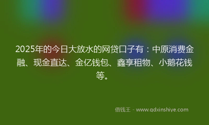 2025年的今日大放水的网贷口子有：中原消费金融、现金直达、金亿钱包、鑫享租物、小鹅花钱等。