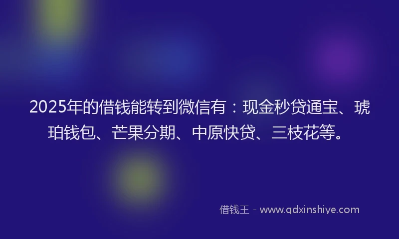 2025年的借钱能转到微信有：现金秒贷通宝、琥珀钱包、芒果分期、中原快贷、三枝花等。