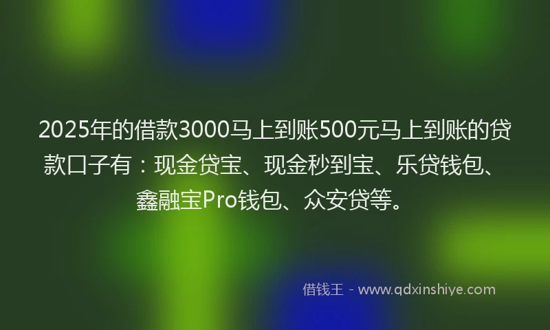 2025年的借款3000马上到账500元马上到账的贷款口子有：现金贷宝、现金秒到宝、乐贷钱包、鑫融宝Pro钱包、众安贷等。