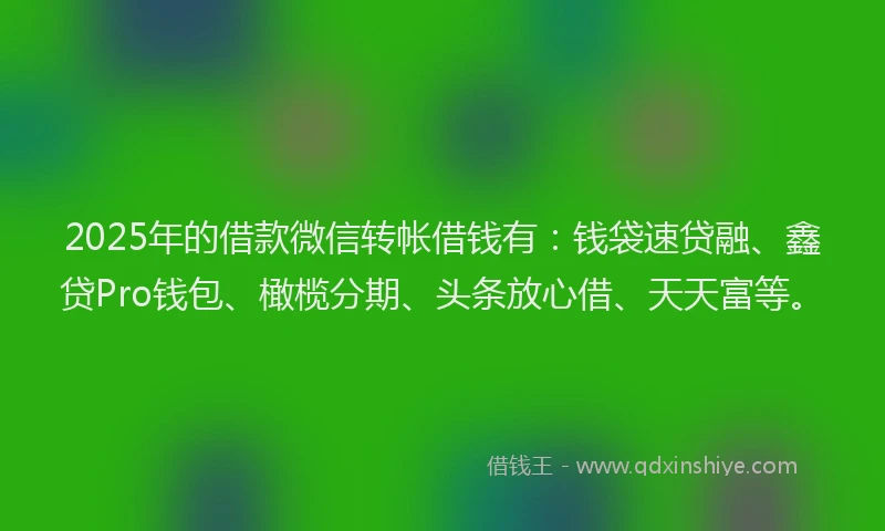 2025年的借款微信转帐借钱有：钱袋速贷融、鑫贷Pro钱包、橄榄分期、头条放心借、天天富等。