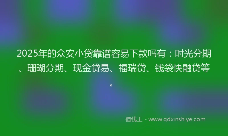 2025年的众安小贷靠谱容易下款吗有：时光分期、珊瑚分期、现金贷易、福瑞贷、钱袋快融贷等。