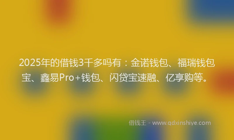 2025年的借钱3千多吗有：金诺钱包、福瑞钱包宝、鑫易Pro+钱包、闪贷宝速融、亿享购等。
