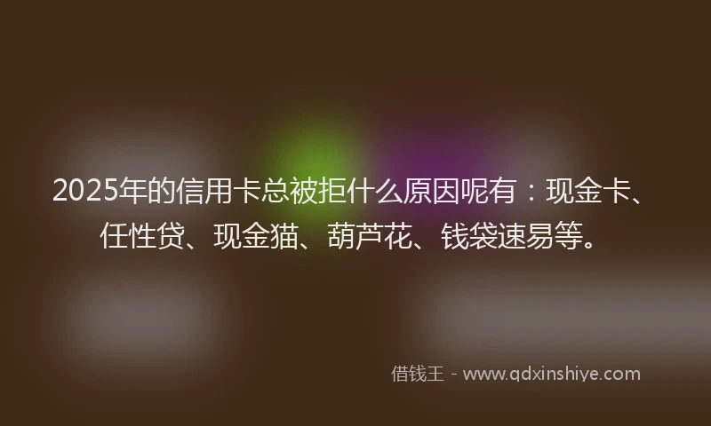 2025年的信用卡总被拒什么原因呢有：现金卡、任性贷、现金猫、葫芦花、钱袋速易等。