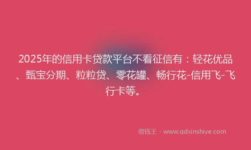 2025年的信用卡贷款平台不看征信有：轻花优品、甄宝分期、粒粒贷、零花罐、畅行花-信用飞-飞行卡等。