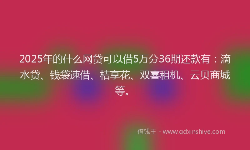 2025年的什么网贷可以借5万分36期还款有：滴水贷、钱袋速借、桔享花、双喜租机、云贝商城等。