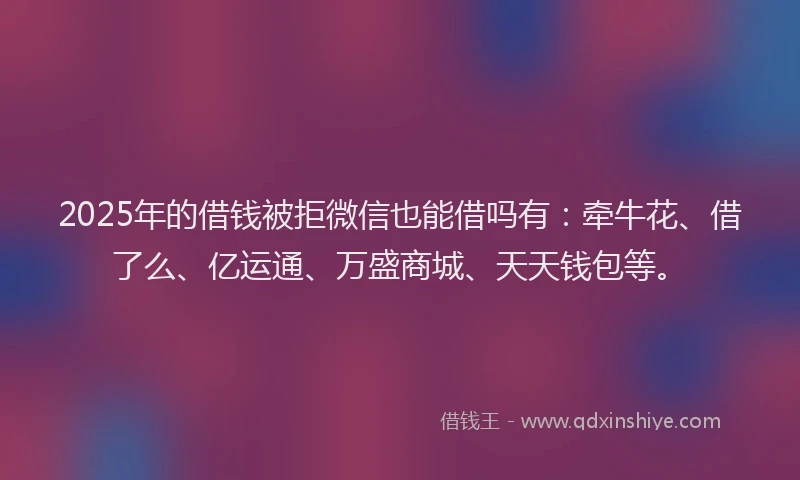 2025年的借钱被拒微信也能借吗有：牵牛花、借了么、亿运通、万盛商城、天天钱包等。