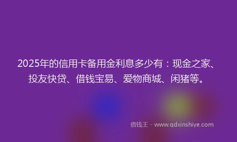2025年的信用卡备用金利息多少有：现金之家、投友快贷、借钱宝易、爱物商城、闲猪等。
