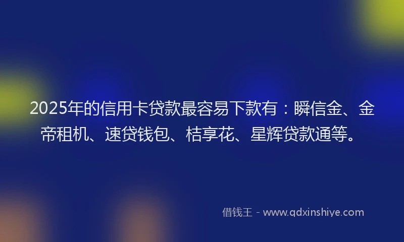 2025年的信用卡贷款最容易下款有：瞬信金、金帝租机、速贷钱包、桔享花、星辉贷款通等。
