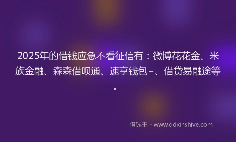 2025年的借钱应急不看征信有：微博花花金、米族金融、森森借呗通、速享钱包+、借贷易融途等。