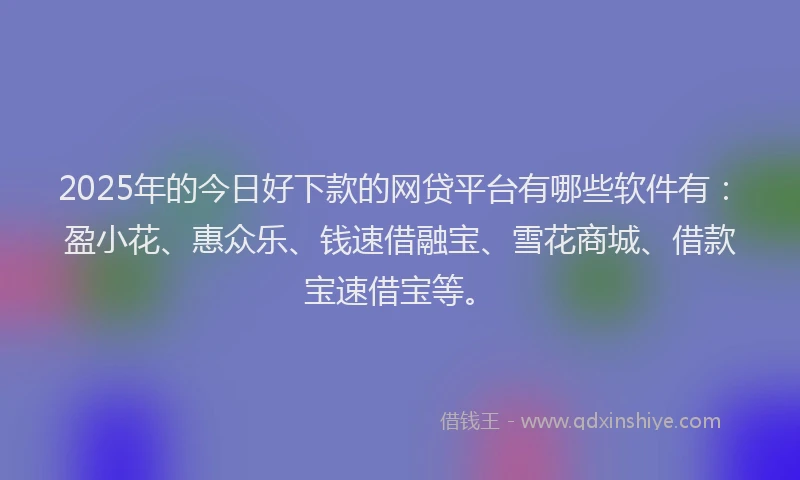 2025年的今日好下款的网贷平台有哪些软件有：盈小花、惠众乐、钱速借融宝、雪花商城、借款宝速借宝等。