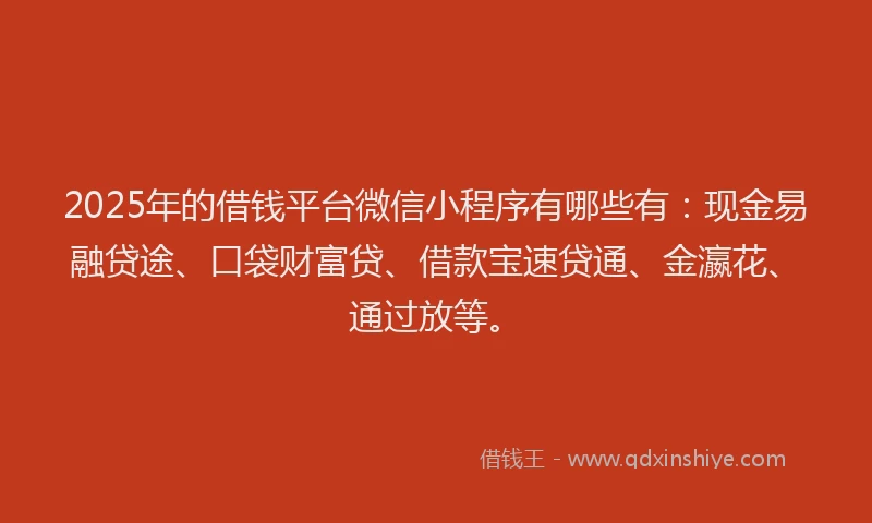 2025年的借钱平台微信小程序有哪些有：现金易融贷途、口袋财富贷、借款宝速贷通、金瀛花、通过放等。