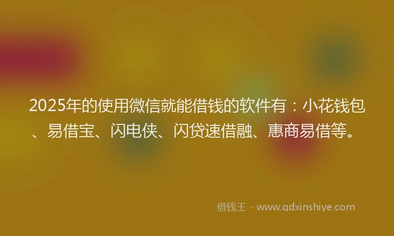 2025年的使用微信就能借钱的软件有：小花钱包、易借宝、闪电侠、闪贷速借融、惠商易借等。