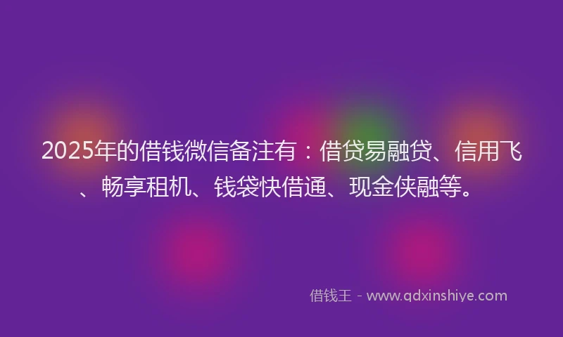 2025年的借钱微信备注有：借贷易融贷、信用飞、畅享租机、钱袋快借通、现金侠融等。