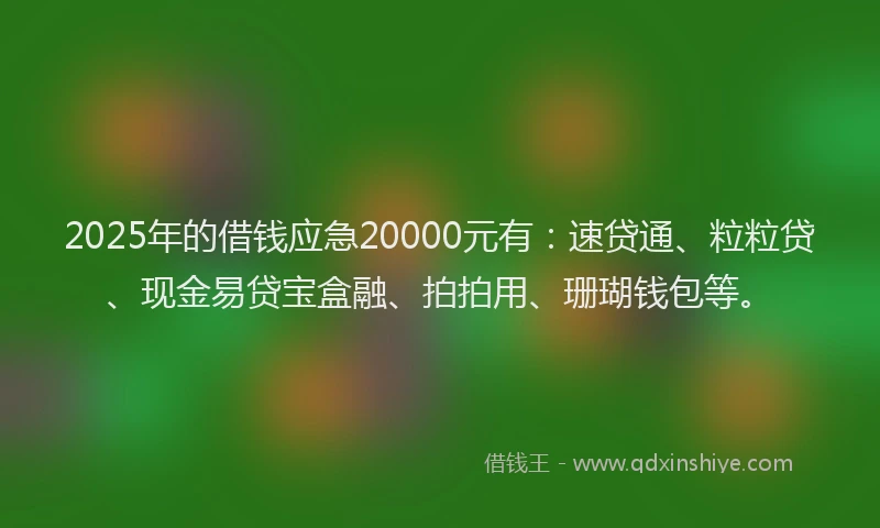 2025年的借钱应急20000元有：速贷通、粒粒贷、现金易贷宝盒融、拍拍用、珊瑚钱包等。