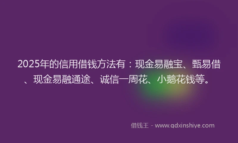 2025年的信用借钱方法有：现金易融宝、甄易借、现金易融通途、诚信一周花、小鹅花钱等。