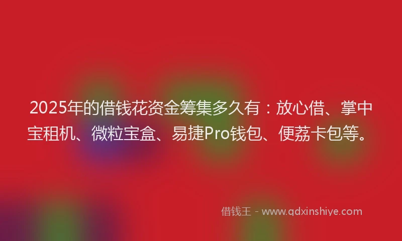 2025年的借钱花资金筹集多久有：放心借、掌中宝租机、微粒宝盒、易捷Pro钱包、便荔卡包等。