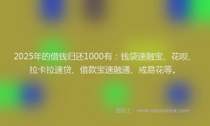 2025年的借钱归还1000有：钱袋速融宝、花呗、拉卡拉速贷、借款宝速融通、戒易花等。