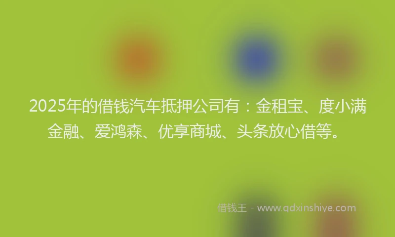 2025年的借钱汽车抵押公司有：金租宝、度小满金融、爱鸿森、优享商城、头条放心借等。