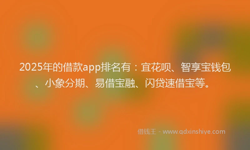 2025年的借款app排名有：宜花呗、智享宝钱包、小象分期、易借宝融、闪贷速借宝等。