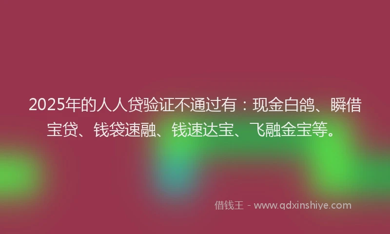 2025年的人人贷验证不通过有：现金白鸽、瞬借宝贷、钱袋速融、钱速达宝、飞融金宝等。