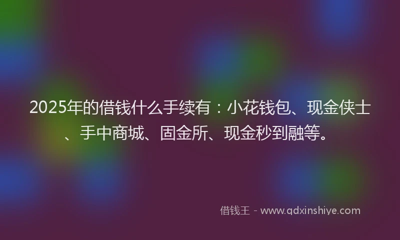 2025年的借钱什么手续有：小花钱包、现金侠士、手中商城、固金所、现金秒到融等。