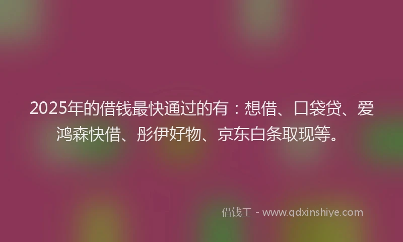 2025年的借钱最快通过的有：想借、口袋贷、爱鸿森快借、彤伊好物、京东白条取现等。