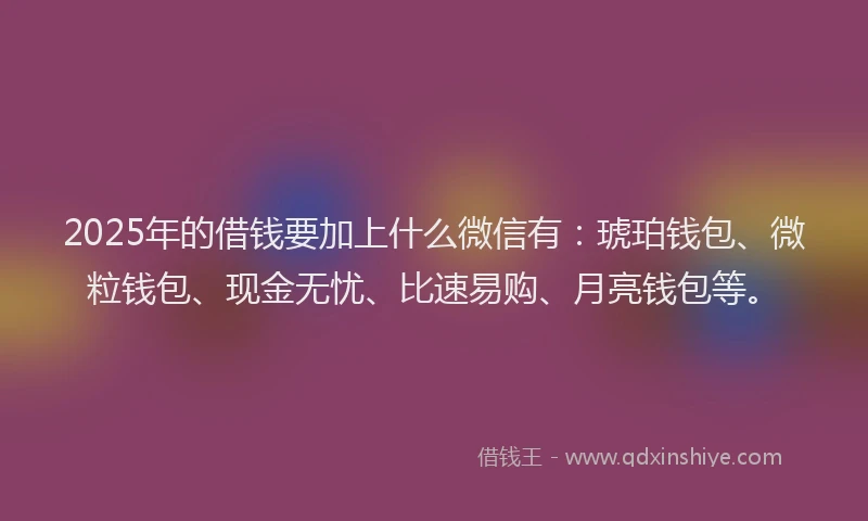 2025年的借钱要加上什么微信有：琥珀钱包、微粒钱包、现金无忧、比速易购、月亮钱包等。