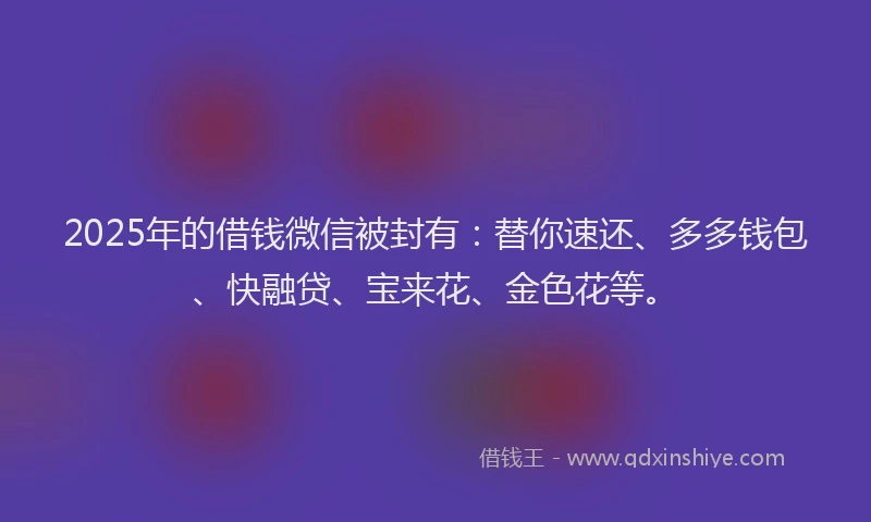 2025年的借钱微信被封有：替你速还、多多钱包、快融贷、宝来花、金色花等。