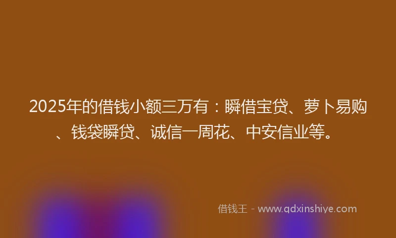 2025年的借钱小额三万有：瞬借宝贷、萝卜易购、钱袋瞬贷、诚信一周花、中安信业等。