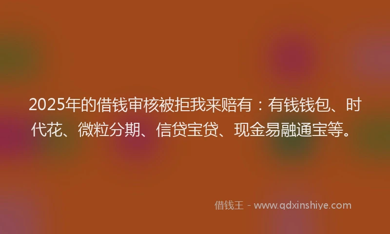 2025年的借钱审核被拒我来赔有：有钱钱包、时代花、微粒分期、信贷宝贷、现金易融通宝等。