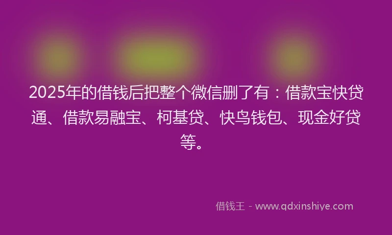 2025年的借钱后把整个微信删了有：借款宝快贷通、借款易融宝、柯基贷、快鸟钱包、现金好贷等。