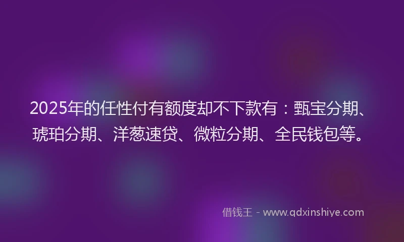 2025年的任性付有额度却不下款有：甄宝分期、琥珀分期、洋葱速贷、微粒分期、全民钱包等。