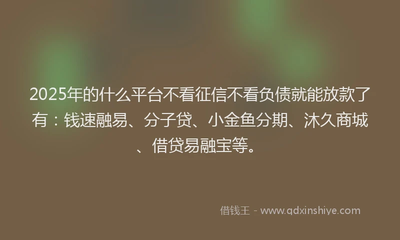 2025年的什么平台不看征信不看负债就能放款了有：钱速融易、分子贷、小金鱼分期、沐久商城、借贷易融宝等。