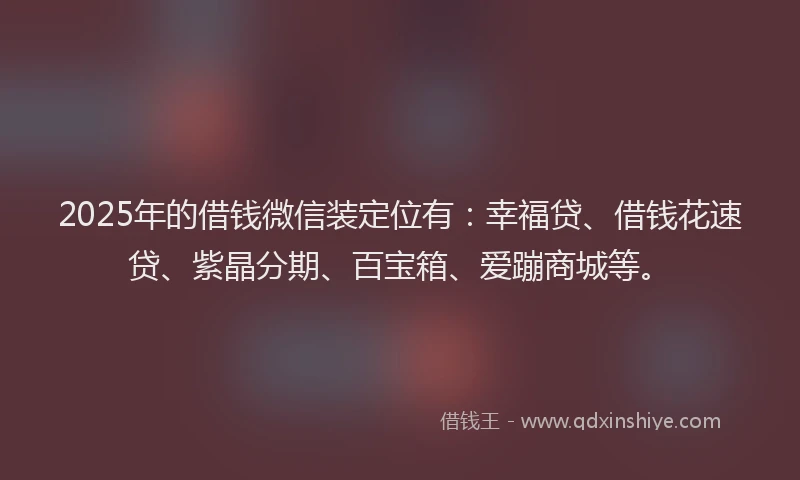 2025年的借钱微信装定位有：幸福贷、借钱花速贷、紫晶分期、百宝箱、爱蹦商城等。