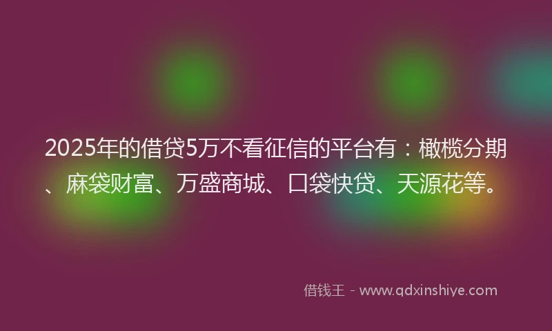 2025年的借贷5万不看征信的平台有：橄榄分期、麻袋财富、万盛商城、口袋快贷、天源花等。