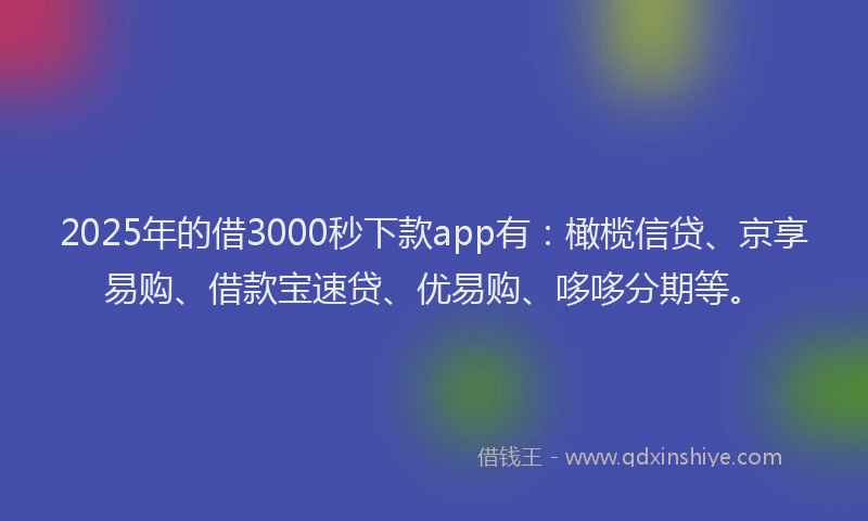 2025年的借3000秒下款app有：橄榄信贷、京享易购、借款宝速贷、优易购、哆哆分期等。