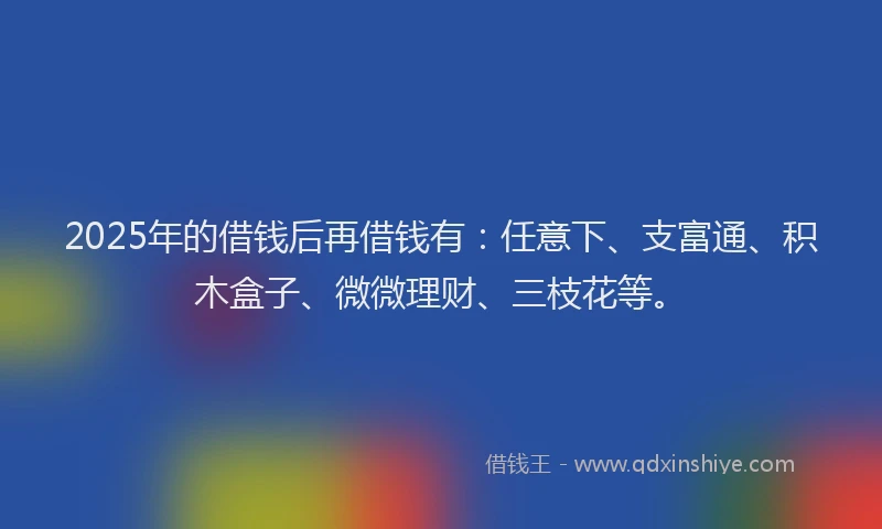2025年的借钱后再借钱有：任意下、支富通、积木盒子、微微理财、三枝花等。