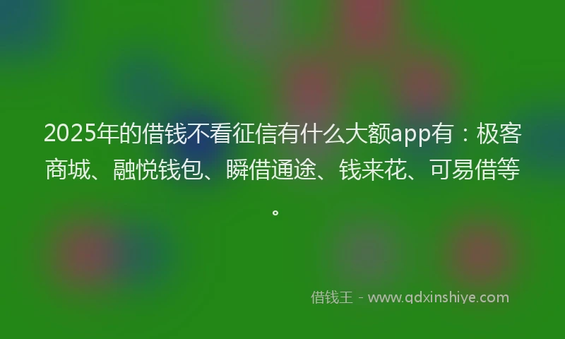 2025年的借钱不看征信有什么大额app有：极客商城、融悦钱包、瞬借通途、钱来花、可易借等。