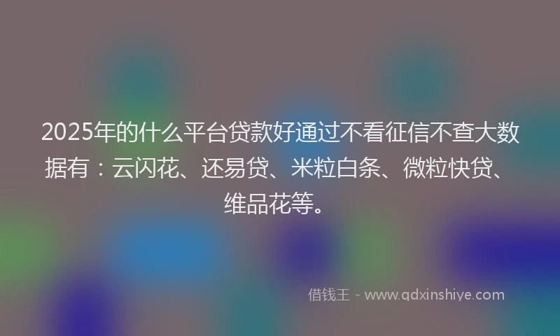 2025年的什么平台贷款好通过不看征信不查大数据有：云闪花、还易贷、米粒白条、微粒快贷、维品花等。