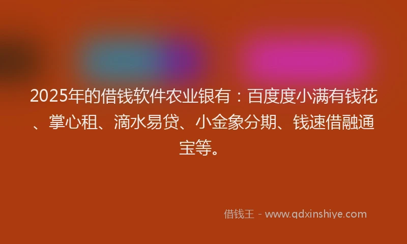 2025年的借钱软件农业银有：百度度小满有钱花、掌心租、滴水易贷、小金象分期、钱速借融通宝等。