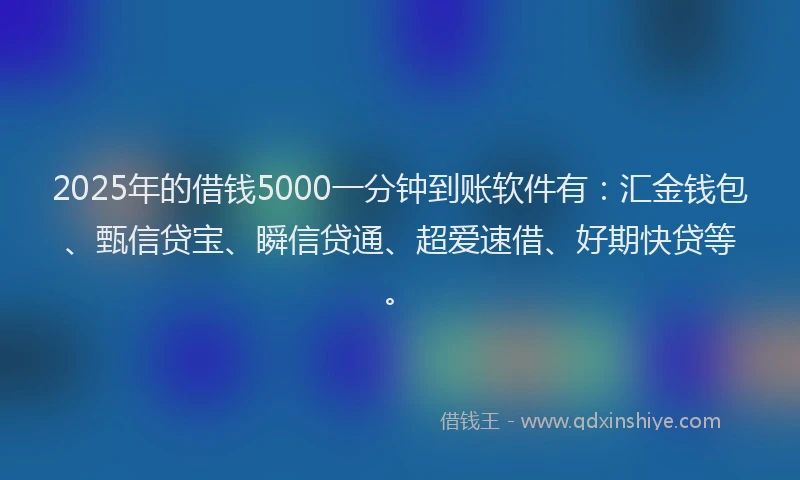 2025年的借钱5000一分钟到账软件有：汇金钱包、甄信贷宝、瞬信贷通、超爱速借、好期快贷等。