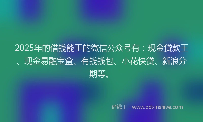 2025年的借钱能手的微信公众号有：现金贷款王、现金易融宝盒、有钱钱包、小花快贷、新浪分期等。