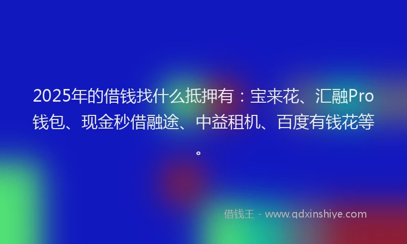 2025年的借钱找什么抵押有：宝来花、汇融Pro钱包、现金秒借融途、中益租机、百度有钱花等。