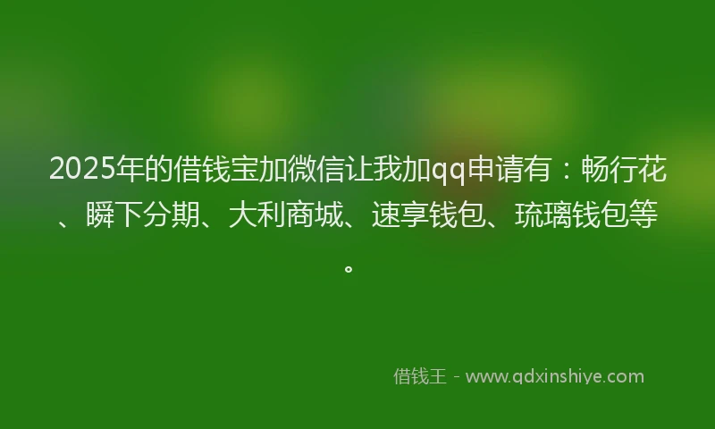 2025年的借钱宝加微信让我加qq申请有：畅行花、瞬下分期、大利商城、速享钱包、琉璃钱包等。