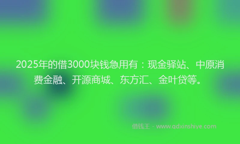 2025年的借3000块钱急用有：现金驿站、中原消费金融、开源商城、东方汇、金叶贷等。